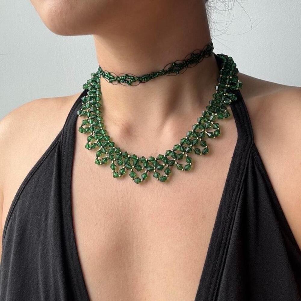 VTG Woven Green Seed Beaded Choker and Necklace Set